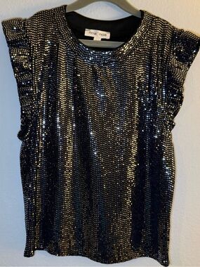 Moa Moa Navy Blue and Silver Metallic Sequin Ruffle Sleeve Top